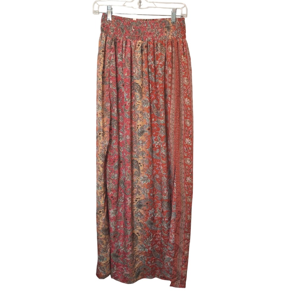 Raga Womens Small Red Paisley Metallic Smocked Waist Maxi Skirt Boho Slit